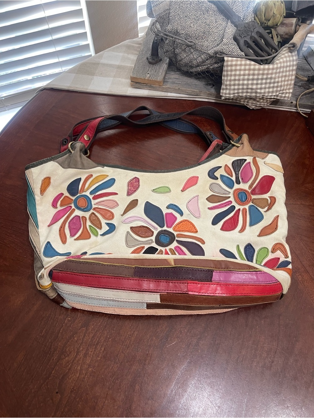 Designer leather canvas purse patchwork bag  boho tote